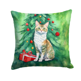 Cat By Christmas Tree Throw Pillow (Design: Oregon Rex Cat)