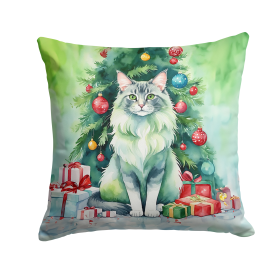 Cat By Christmas Tree Throw Pillow (Design: Oriental Longhair Cat)