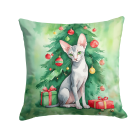 Cat By Christmas Tree Throw Pillow (Design: Oriental Shorthair Cat)
