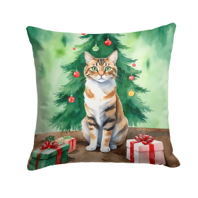 Cat By Christmas Tree Throw Pillow (Design: Owyhee Bob Cat)