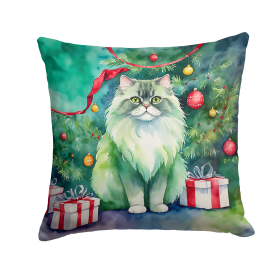 Cat By Christmas Tree Throw Pillow (Design: Persian Cat)