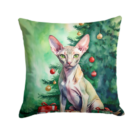 Cat By Christmas Tree Throw Pillow (Design: Peterbald Cat)