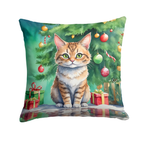 Cat By Christmas Tree Throw Pillow (Design: Pixie Bob Cat)