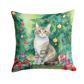 Cat By Christmas Tree Throw Pillow (Design: Pudelkatze Cat)