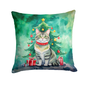 Cat By Christmas Tree Throw Pillow (Design: Raas Cat)