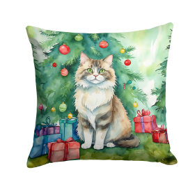 Cat By Christmas Tree Throw Pillow (Design: Ragamuffin Cat)