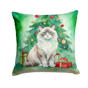 Cat By Christmas Tree Throw Pillow (Design: Ragdoll Cat)