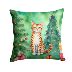 Cat By Christmas Tree Throw Pillow (Design: Safari Cat)