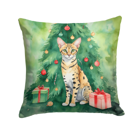 Cat By Christmas Tree Throw Pillow (Design: Savannah Cat)