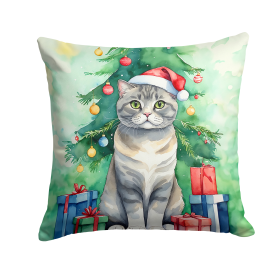 Cat By Christmas Tree Throw Pillow (Design: Scottish Fold Cat)