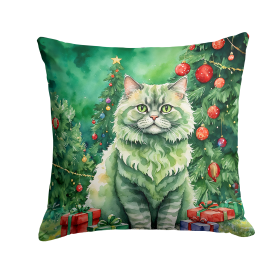 Cat By Christmas Tree Throw Pillow (Design: Selkirk Rex Cat)