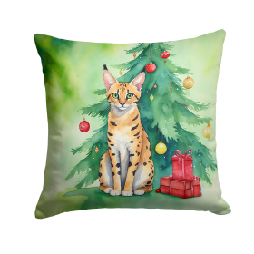 Cat By Christmas Tree Throw Pillow (Design: Serengeti Cat)