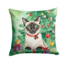Cat By Christmas Tree Throw Pillow (Design: Siamese Cat)