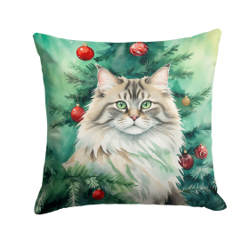 Cat By Christmas Tree Throw Pillow (Design: Siberian Cat)