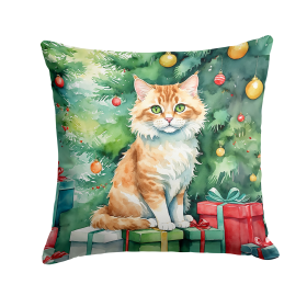 Cat By Christmas Tree Throw Pillow (Design: Skookum Cat)