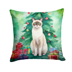 Cat By Christmas Tree Throw Pillow (Design: Snowshoe Cat)