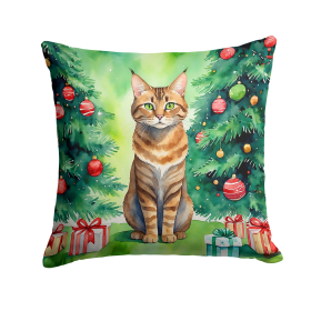 Cat By Christmas Tree Throw Pillow (Design: Sokoke Cat)
