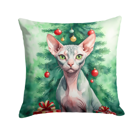 Cat By Christmas Tree Throw Pillow (Design: Sphynx Cat)