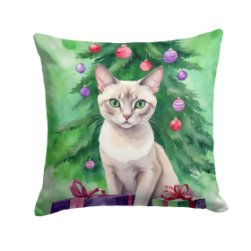Cat By Christmas Tree Throw Pillow (Design: Thai Lilac Cat)