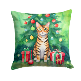Cat By Christmas Tree Throw Pillow (Design: Toyger Cat)