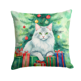 Cat By Christmas Tree Throw Pillow (Design: Turkish Angora Cat)