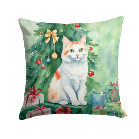 Cat By Christmas Tree Throw Pillow (Design: Turkish Van Cat)