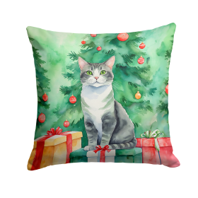 Cat By Christmas Tree Throw Pillow (Design: Ural Rex Cat 7270)